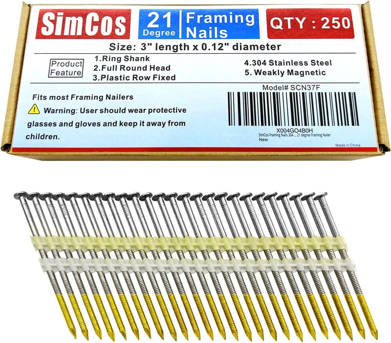 SimCos Framing Nails 304 Stainless Steel 21° Full Round Head Nail 21 Degree Ring Shank Nail for Pneumatic, Electric 21 degree Framing Nailer (3"-250 pcs) - Image 1